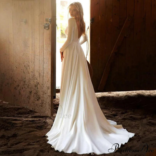 Extended Sleeve Profound Plunge-Neck Wedding Gown lvory white / 2 weddingdress-250223