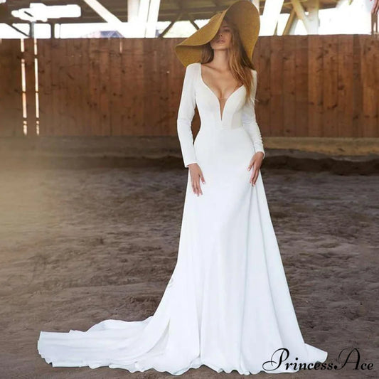 Extended Sleeve Profound Plunge-Neck Wedding Gown white / 2 weddingdress-250223