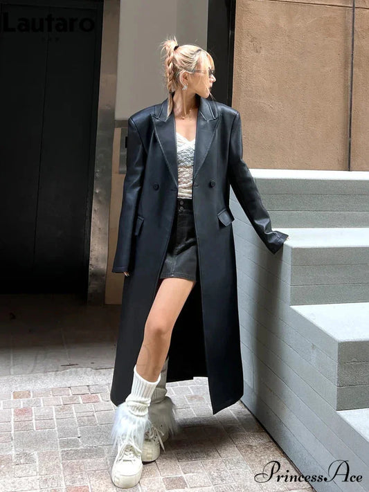 Extra Long Black Loose Pu Leather Shoulder Pads Double Breasted Faux Leather Blazer Stylish Coat Black / S
