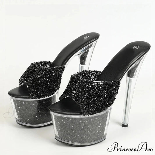 Extreme 17CM Pole-Dance Sequined Transparent Platform Peep-Toe Sexy Slipper Stripper High Heel Black / 34