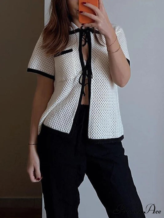 Eyelet Contrast Graceful Trim Tie-Front Cardigan Off-White / S