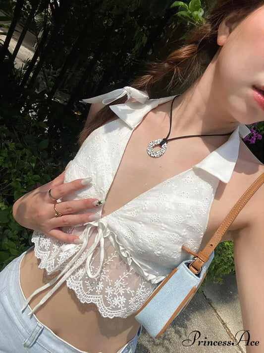 Eyelet Embroidery Halter Lace Frill Open-back Crop Top croptop-250126