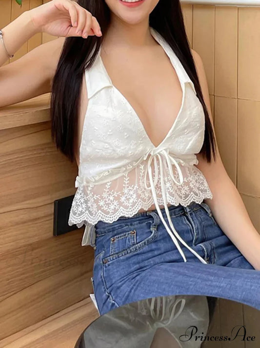 Eyelet Embroidery Halter Lace Frill Open-back Crop Top WHITE / S croptop-250126