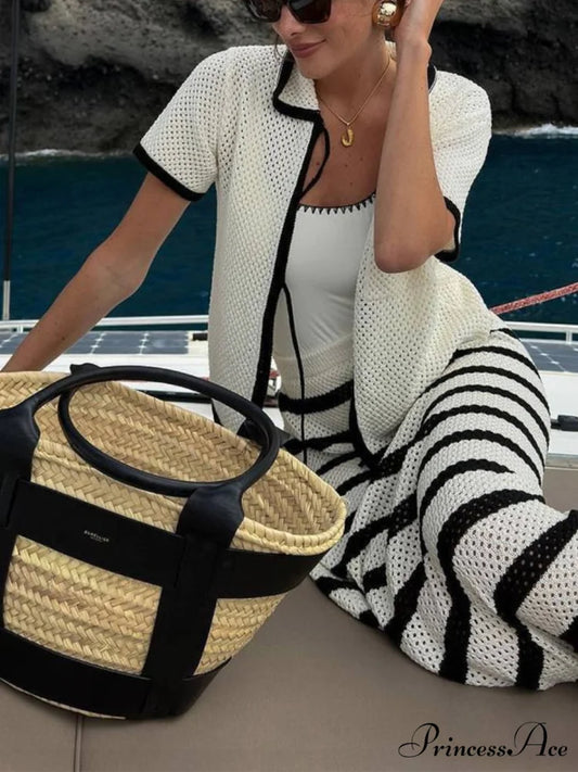 Eyelet Striped Graceful Midi Skirt BlackandWhite / S