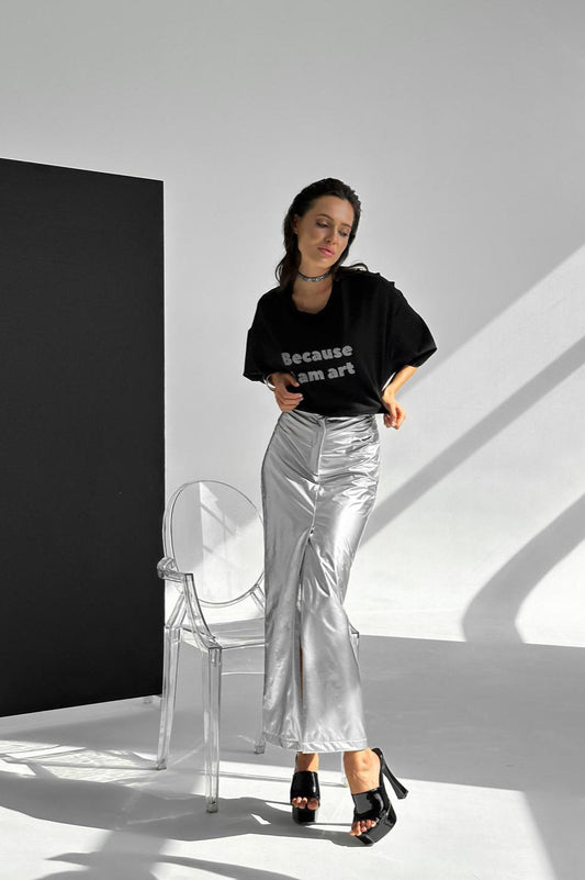 Silver High-Waisted Slit Bodycon Skirt