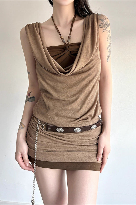 Distressed Draped Neck Beaded Two Piece Bodycon Mini Dress