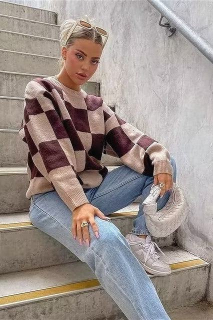 heckerboard Knit Crewneck Loose Long Sleeve Sweater
