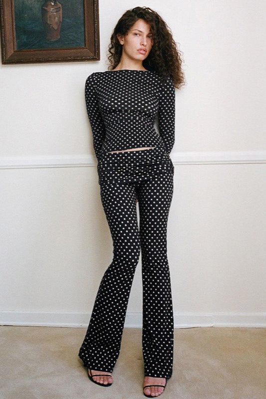 Polka Dot Vintage Off-Shoulder Long Sleeve Flare Two Piece Set