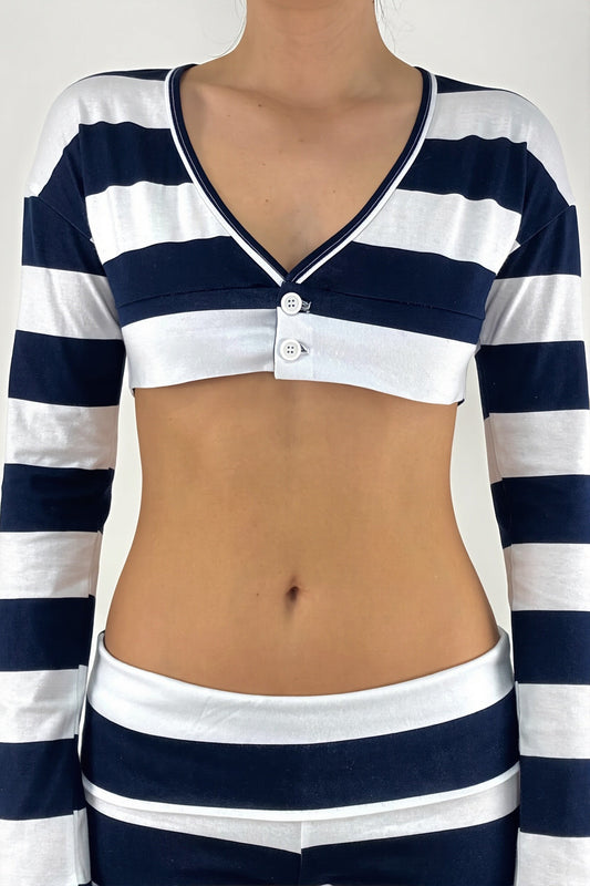 Striped V-Neck Cropped Knit Blouse