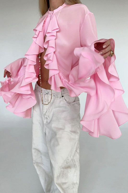 Elegant Ruffle Trim Button Blouse