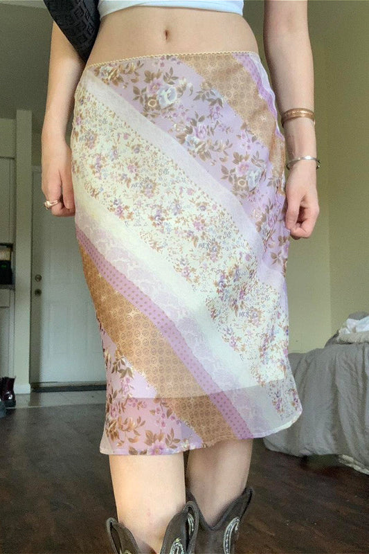 Mesh Spliced Floral Print A-Line Maxi Skirt