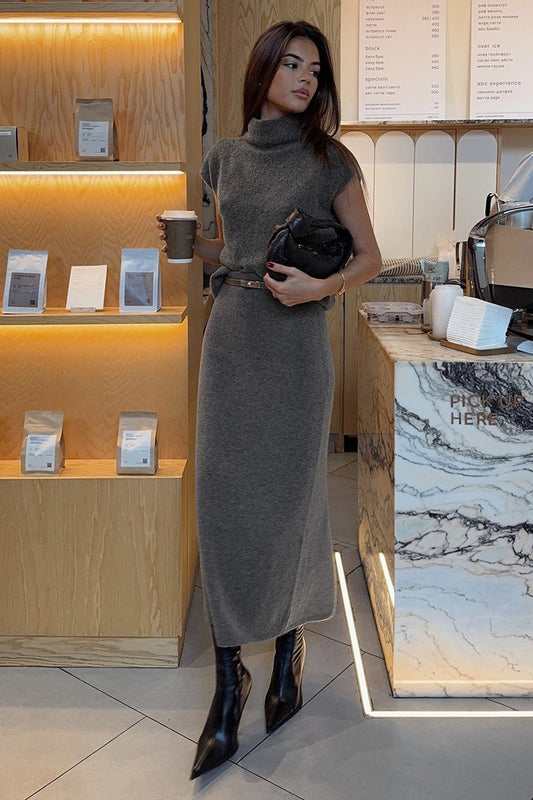 High Neck Short Sleeve Knit Top Midi Skirt Set