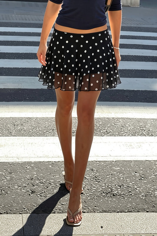 Sheer Ruffle Polka Dot Mini Skirt