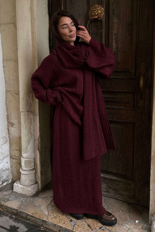 Cable Polo Knit Top Maxi Skirt Set