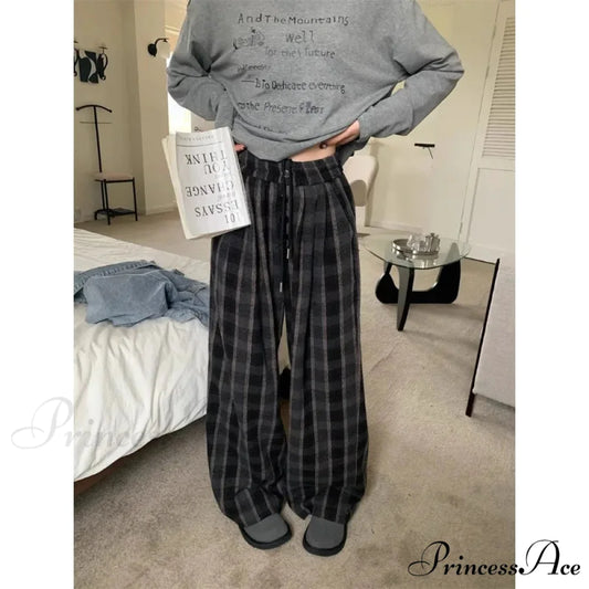 Fabric Checkered Retro Cold-Weather Trousers black / S pants-241228