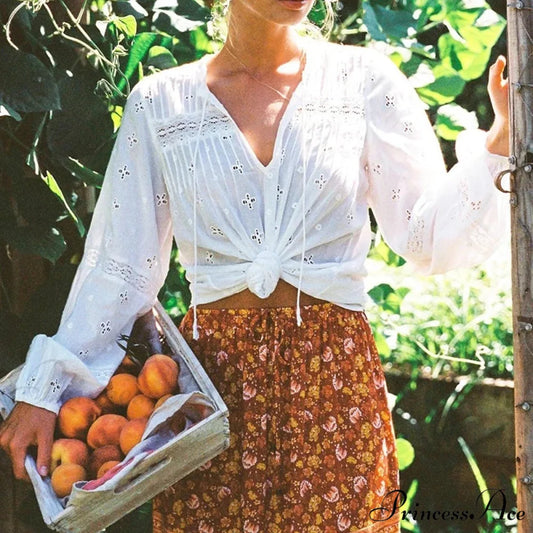 Fabric Flower Stitching Ivory Lace V-Neck Bohemian Top bohoblouse-250126