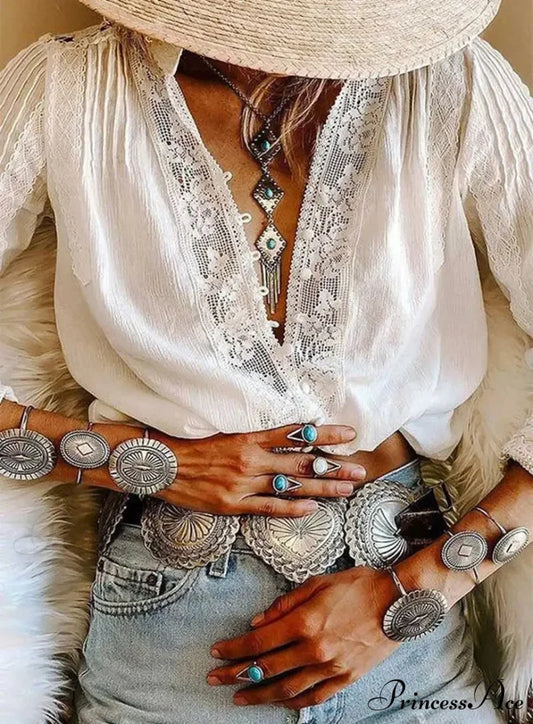 Fabric Flower Stitching Ivory Lace V-Neck Bohemian Top WHITE1 / S bohoblouse-250126