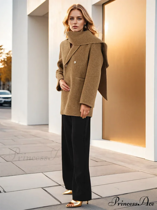 Fabric Scarf Collar Dual-Buttoned Overcoat overcoats-241228