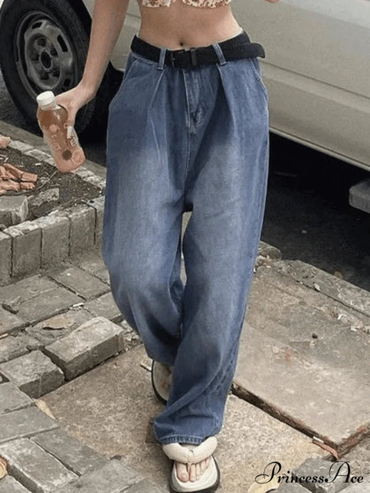 Faded Wash Vintage Trendy Straight Cargo Jeans Blue / S