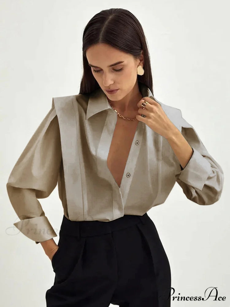 Fair And Square Trendy Button Down Shirt Khaki / XS
