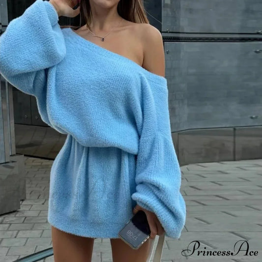 Fake Mink Off-Shoulder Jumper Sky Blue / One Size swraters-241228