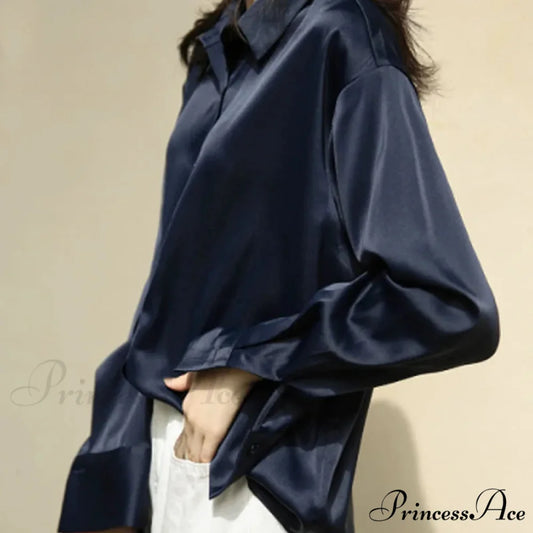 Fall Button Up Silk Retro Ivory Blouse RoyalBlue / S blouse-250223