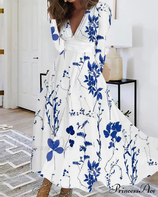 Fall Deep V-neck Blossom Pattern Long Floral Dress Blue / S oldfloraldress-250126