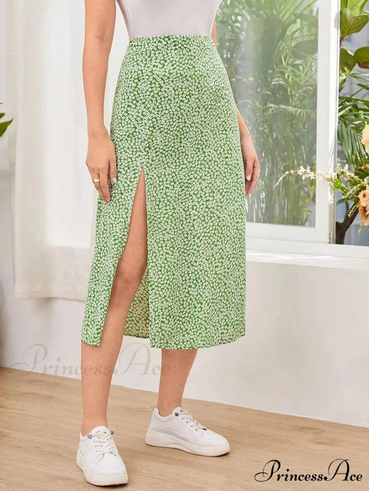 Fall European American Flowered Half Skirt A-line Wrap Hip Long Green / S skirt-250126