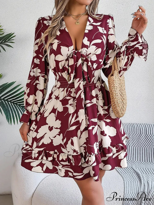 Fall Flounced Sleeve Flowered Dress wine red / S oldfloraldress-250126