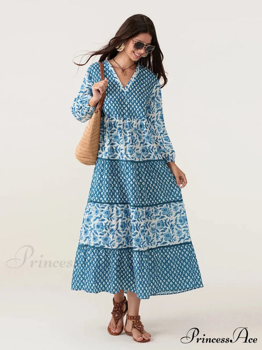 Fall Flower Long Sleeve V-Neck Loose A-Line Flower Dress floraldress-250126