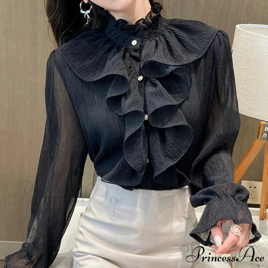 Fall Frilled Lace Chiffon High Neck Blouse Black / S blouse-250126