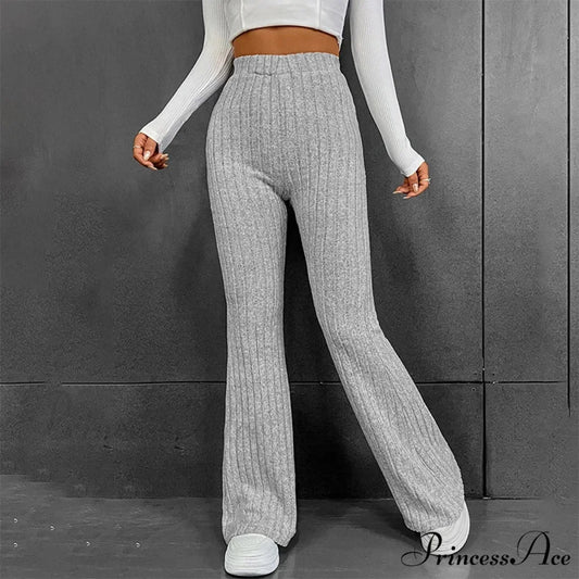 Fall New Solid Wide Pit Stripe Casual Knitted Warm Streetwear Pants GRAY / S