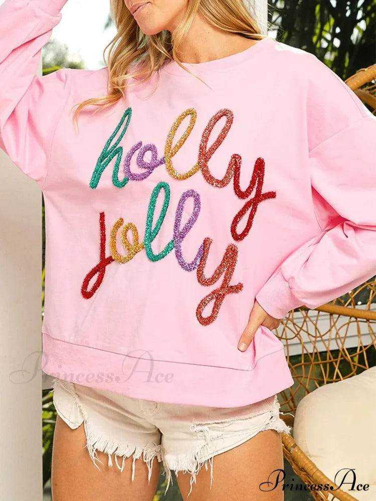 Fall Sequin Letter Pattern Long Sleeve Round Neck Loose Christmas Hoodie Christmas Hoodies-L