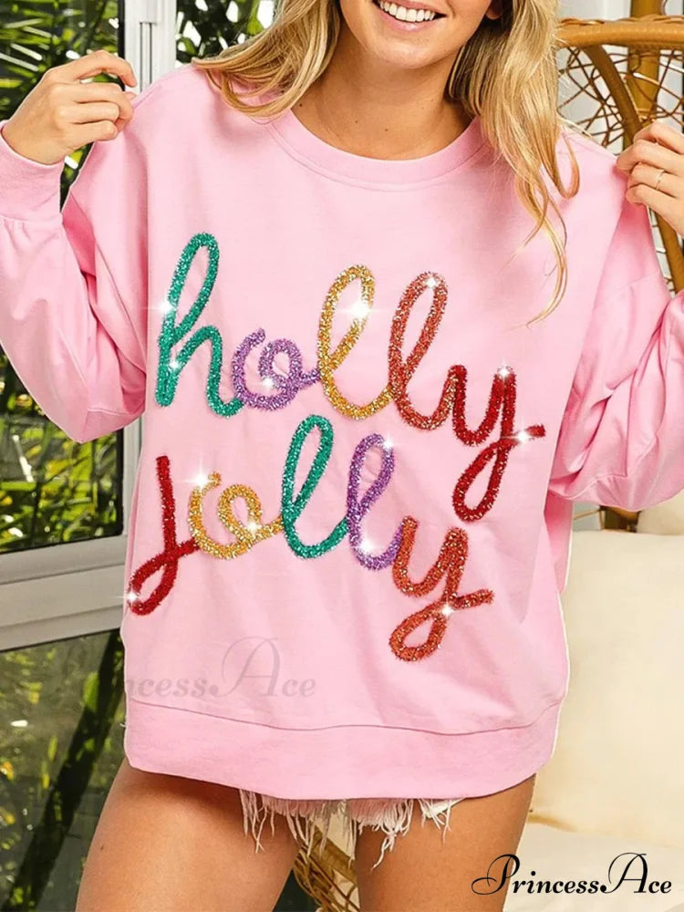 Fall Sequin Letter Pattern Long Sleeve Round Neck Loose Christmas Hoodie Christmas Hoodies-L