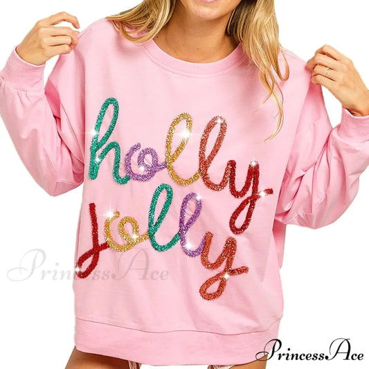 Fall Sequin Letter Pattern Long Sleeve Round Neck Loose Christmas Hoodie Pink / S Christmas Hoodies-L