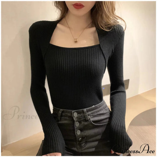 Fall Winter Square Shawl Neckline Pullover Seductive Knit Top Black / S knittop-250126