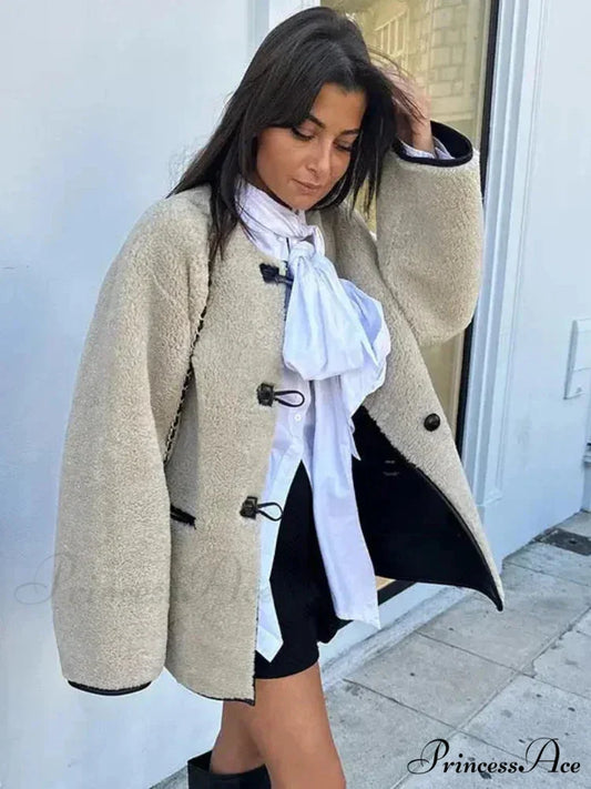 False Wool Baggy Vintage Round-neck Overcoat Khaki jacket / XS overcoats-241228