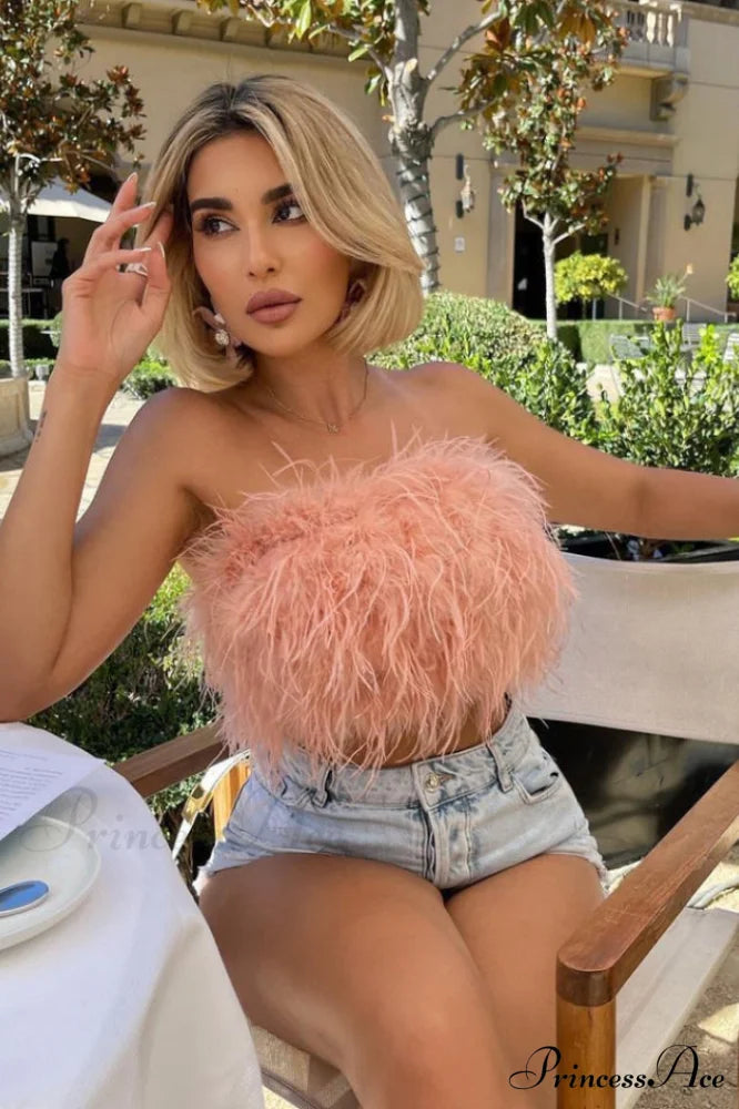 Fancy Strapless Stylish Feather Crop Top