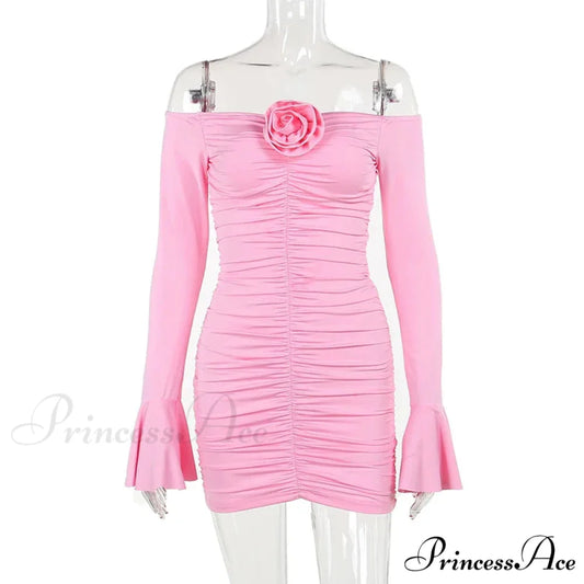 Fashion 3D Flower Pleated Mini Elegant Flare Sleeve 2024 Ladies Party Club Bodycon Dress Pink / S
