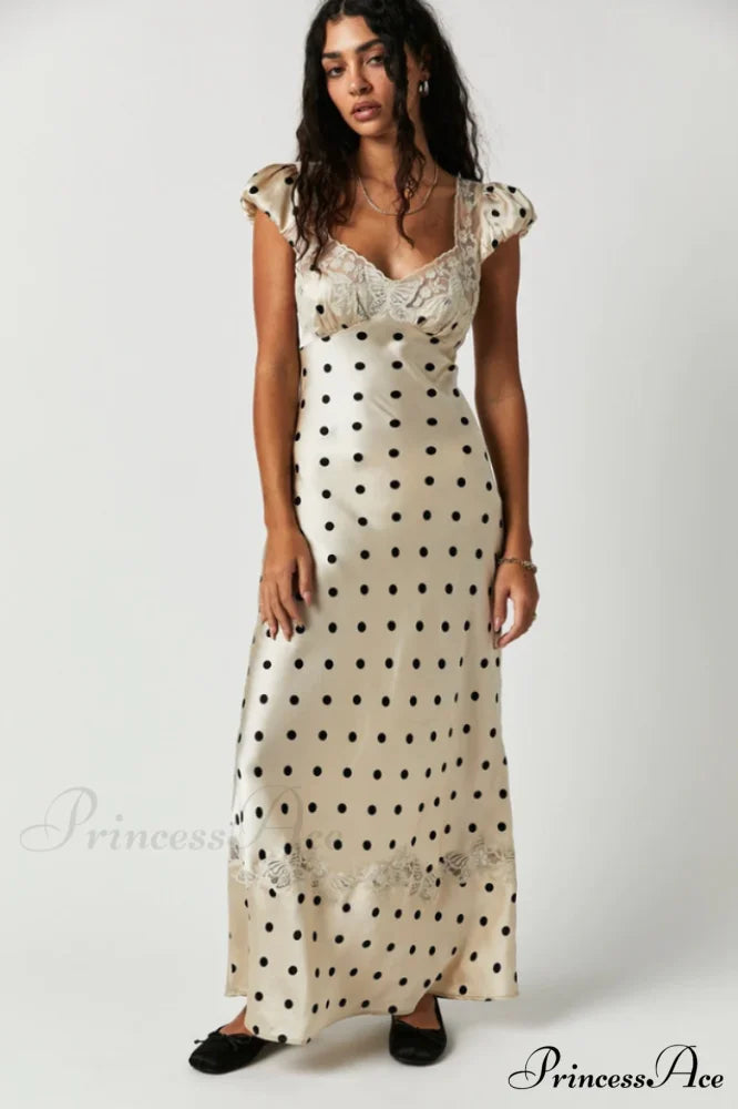 Fashion Babe Lace Charming Polka Dot Maxi Dress XS / Tea Combo