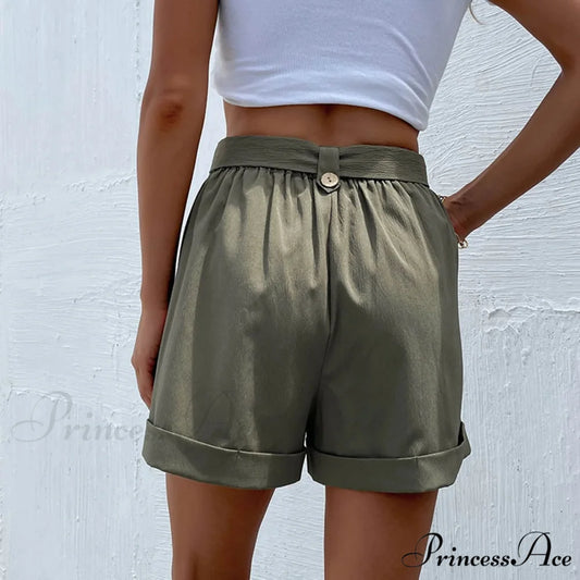 Fashion Casual Basic Summer New Casual Green Female With Belt Short