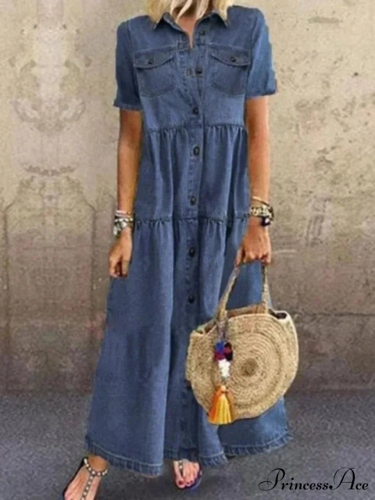 Fashion Casual Splicing Cardigan Vintage Long Dress Dark Blue / 3XL
