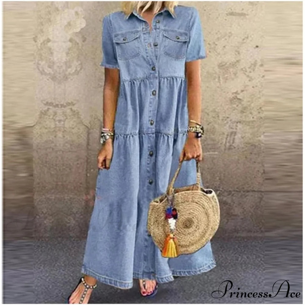 Fashion Casual Splicing Cardigan Vintage Long Dress Light Blue / 3XL