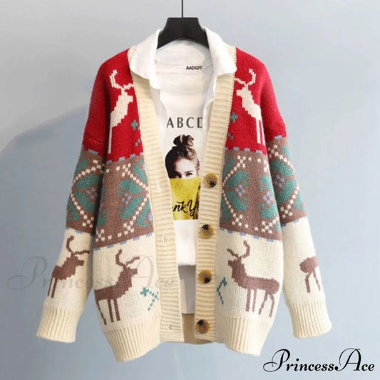 Fashion Deer Cartoon Print Sweater Beige White / One Size