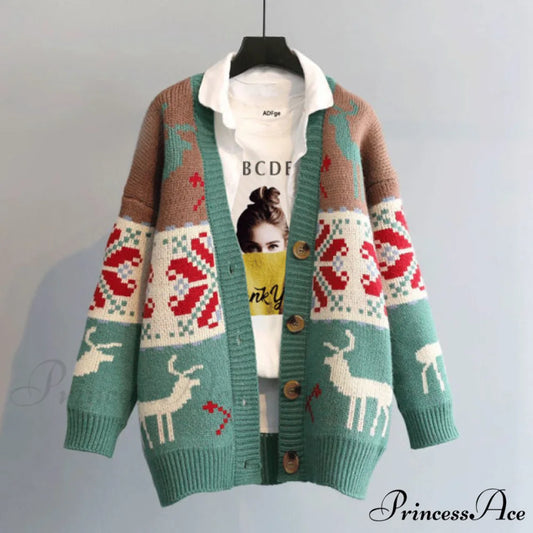 Fashion Deer Cartoon Print Sweater green / One Size
