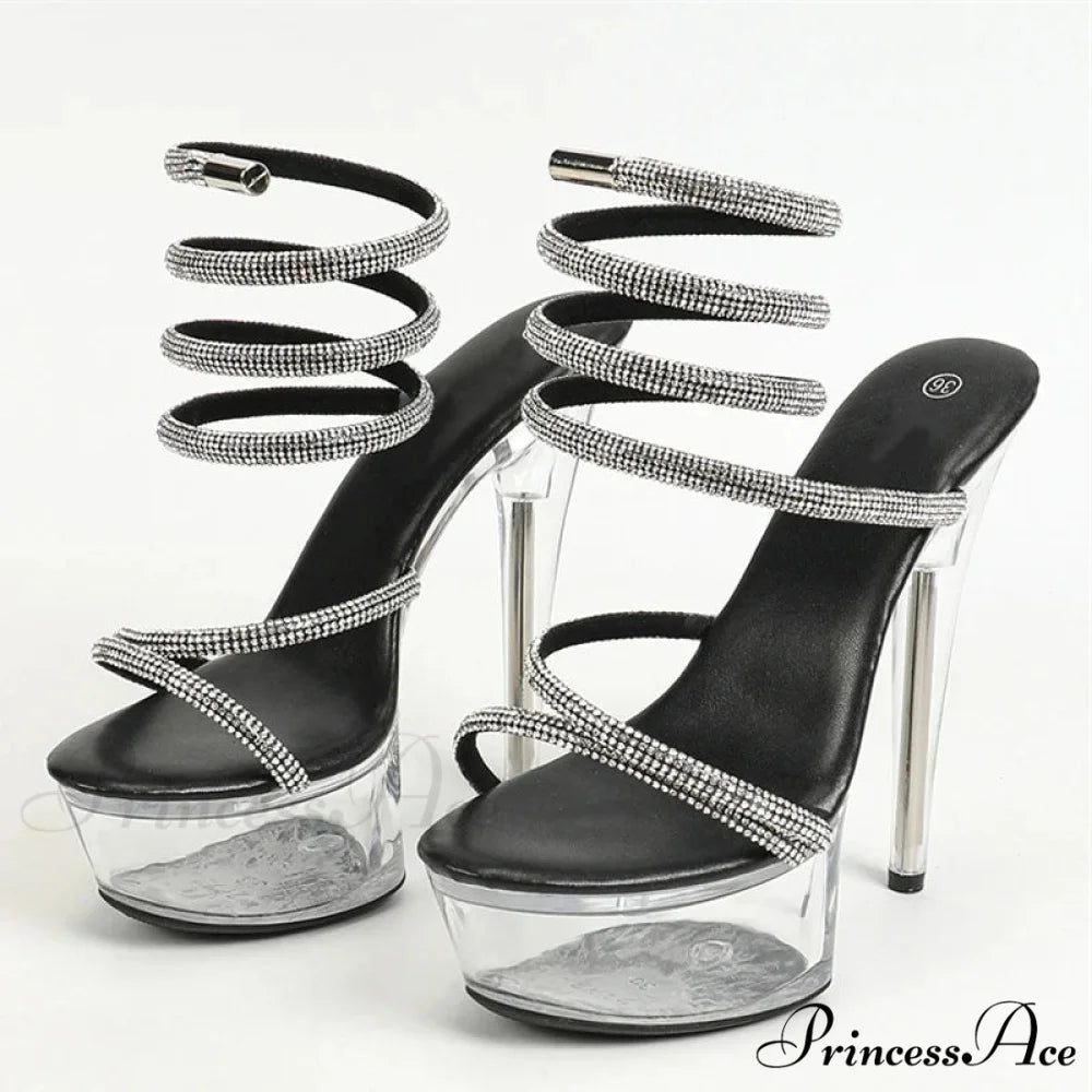 Fashion Design Rhinestone Ankle Snake Twine Platform Sandals High Heels Wedding Banquet Shoes Black / 34
