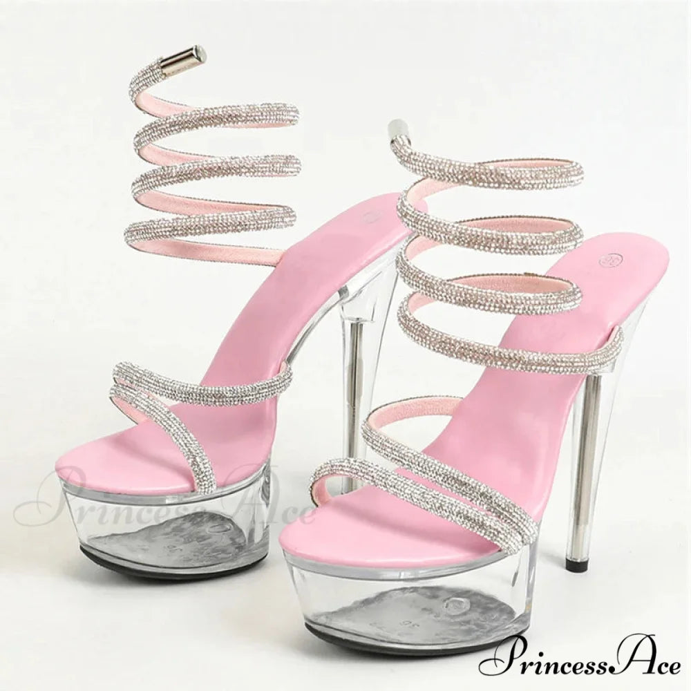 Fashion Design Rhinestone Ankle Snake Twine Platform Sandals High Heels Wedding Banquet Shoes Pink / 34