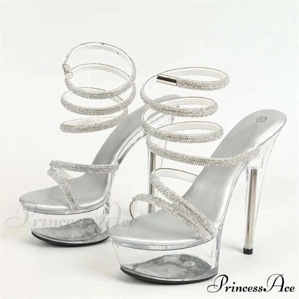 Fashion Design Rhinestone Ankle Snake Twine Platform Sandals High Heels Wedding Banquet Shoes Silver / 34