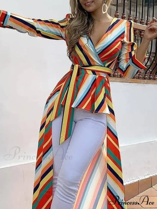 Fashion Elegant Office Workwear Asymmetrical Long Blouse MULTI / S