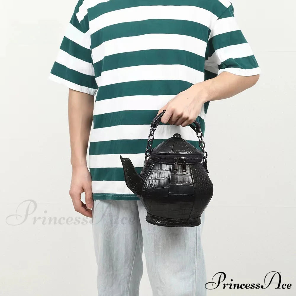 Fashion Funny Teapot Shaped Stone Pattern Leather Gothic Personalized Bag Black